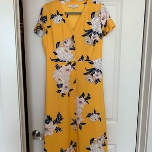 Beautiful Yellow with White/Navy Flowers Loft Midi Dress: Size 8